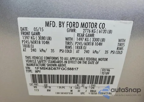 2015 Ford Explorer Xlt from USA, damaged, VIN 1FM5K8D87FGC58817